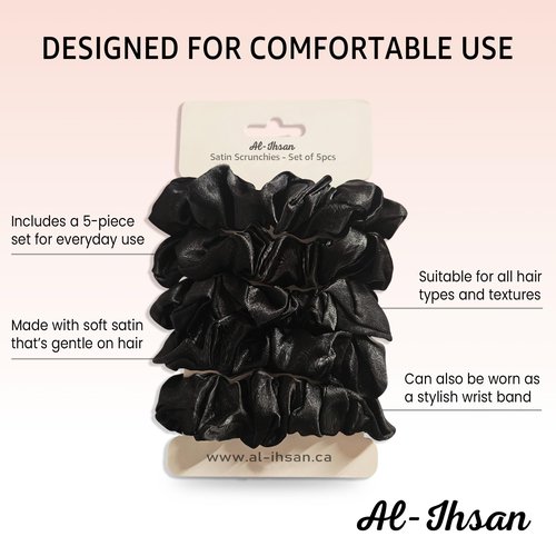 Black Satin Scrunchies for Hair - 5 Pcs Silk Soft Hair Ties for Women - No Crease Elastic Ponytail Holders - Anti Frizz Hair Accessories for Sleeping, Curly Hair & Gym - Gentle No Breakage Sleepy Tie