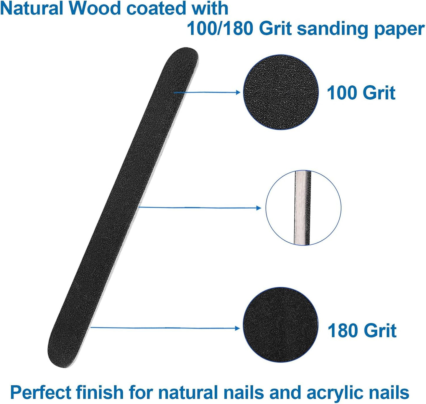 Skiennix Emery Board Nail Files - 100/180 Grit Wooden Manicure Tools | 24 Pack, 7 Inches, Black