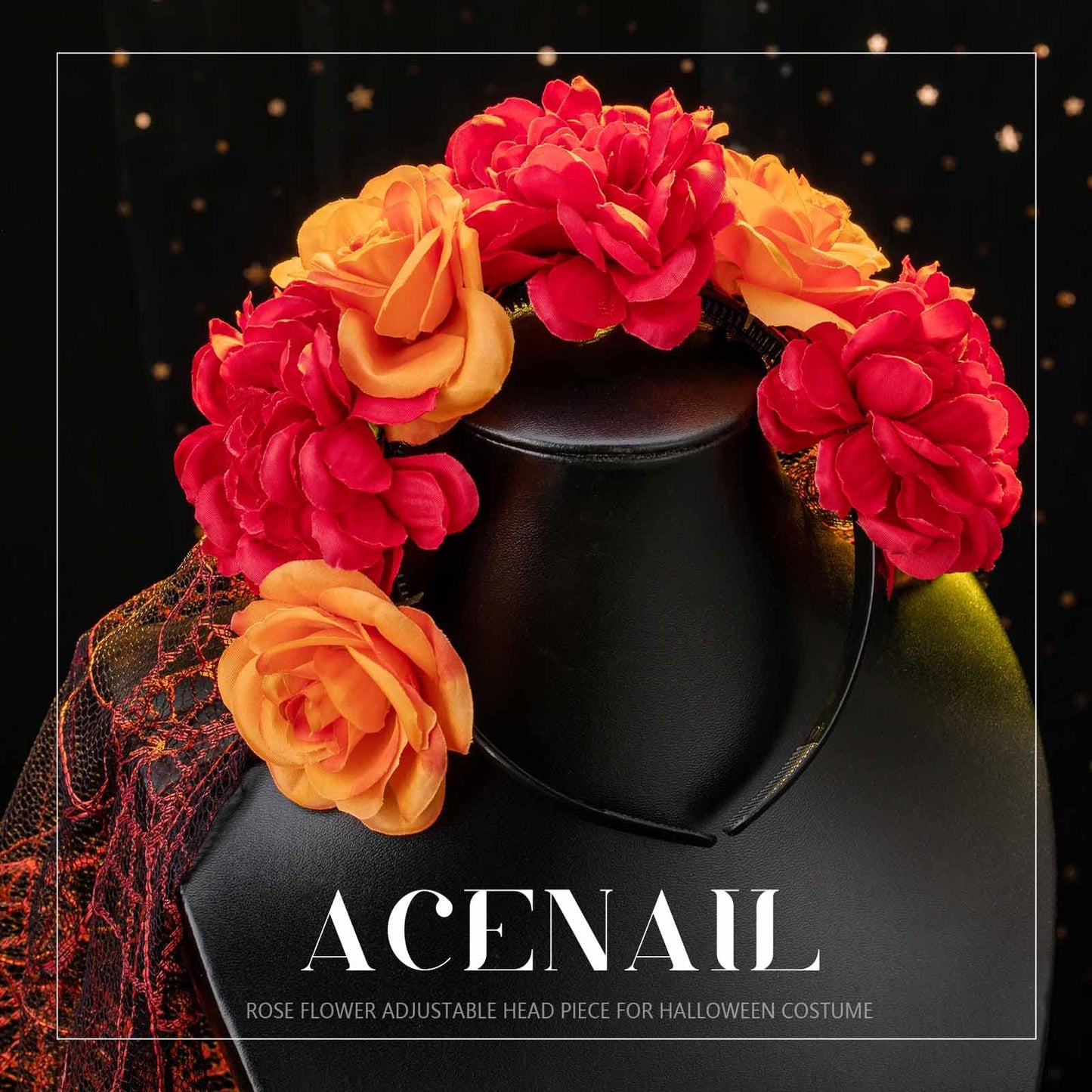 Acenail Floral Headband Veil Women Flower Crown Skull Head Piece Rose Flower Spider Mexican Headband Day of the Dead Head Band Cosplay Halloween Headpieces (Orange)