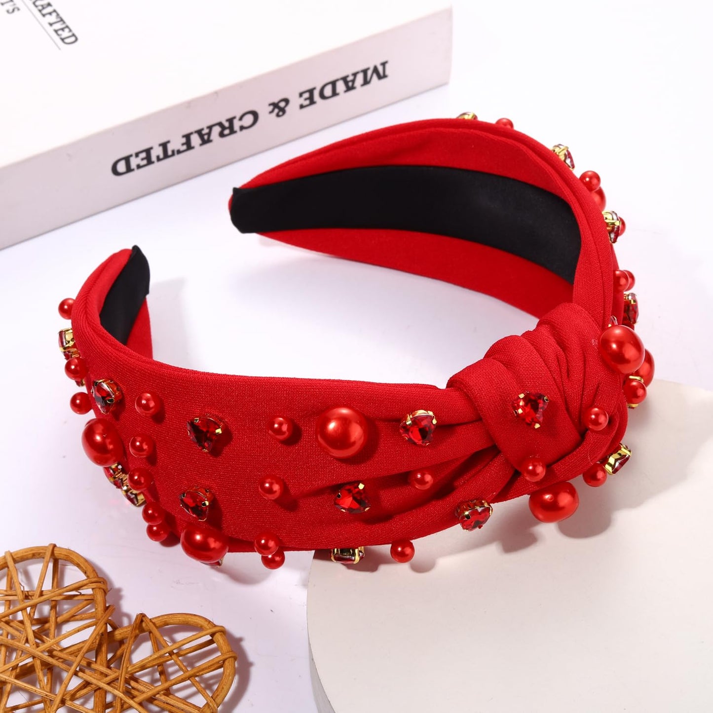 Valentines Day Headband for Women Red Heart Knotted Headband Red Pearl Pearl Pearl Rhinestone Jeweled Hairband Fashion Valentine Holiday Wide Head Band Hair Accessories Gifts (red knot hairband)