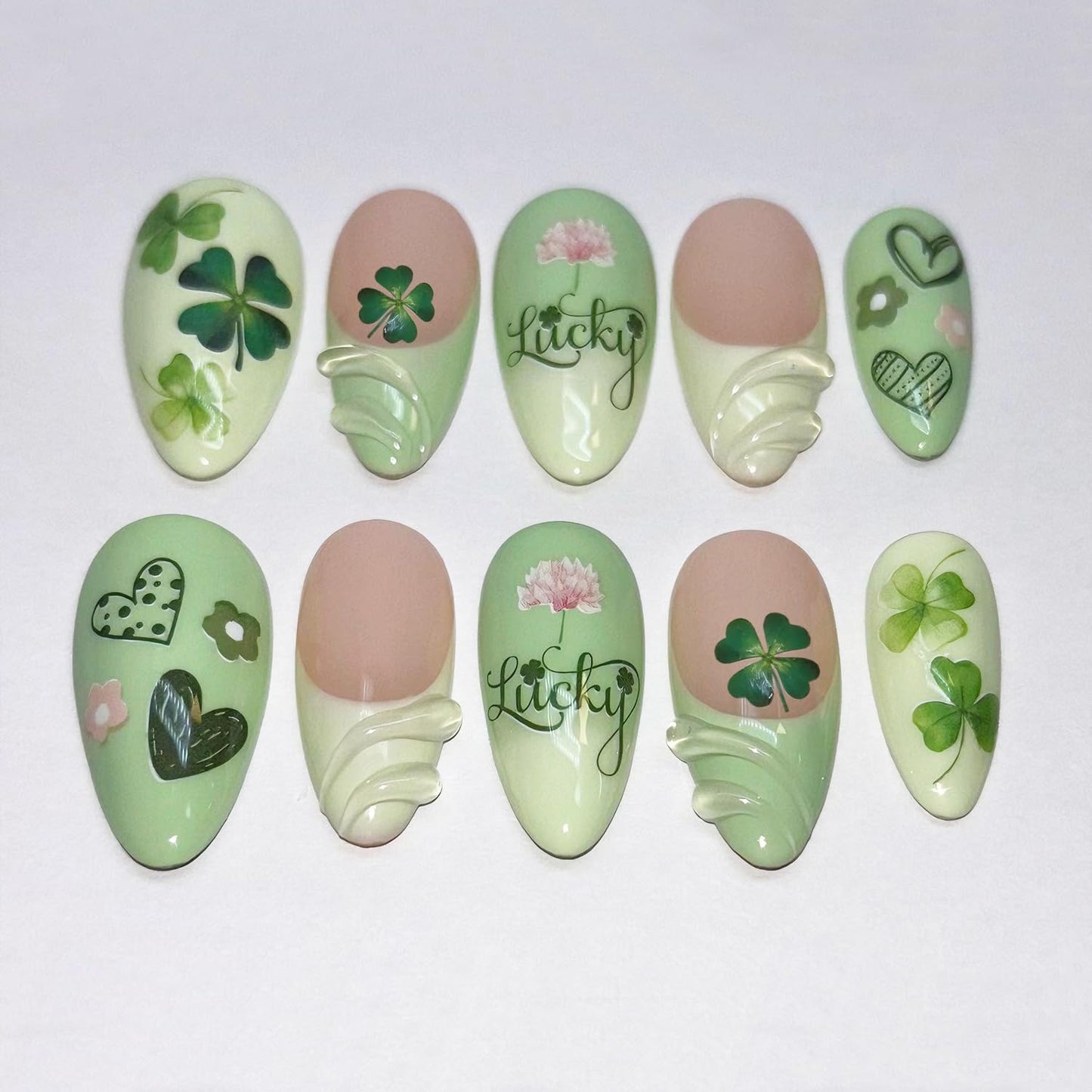 24Pcs St Patrick's Day Press on Nails Short Square Gold French Tip Fake Nails with Gold Rhinestones Horseshoe Rainbow Shamrocks False Nails St Patricks Day Acrylic Nails Irish Stick on Nails for Women