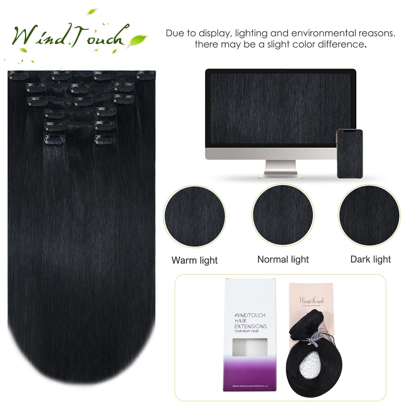WindTouch Clip in Hair Extensions 100g Human Hair Extensions 7pcs 20inch #1 Jet Black Human Hair Extensions Clips Hair Extensions Real Human Hair