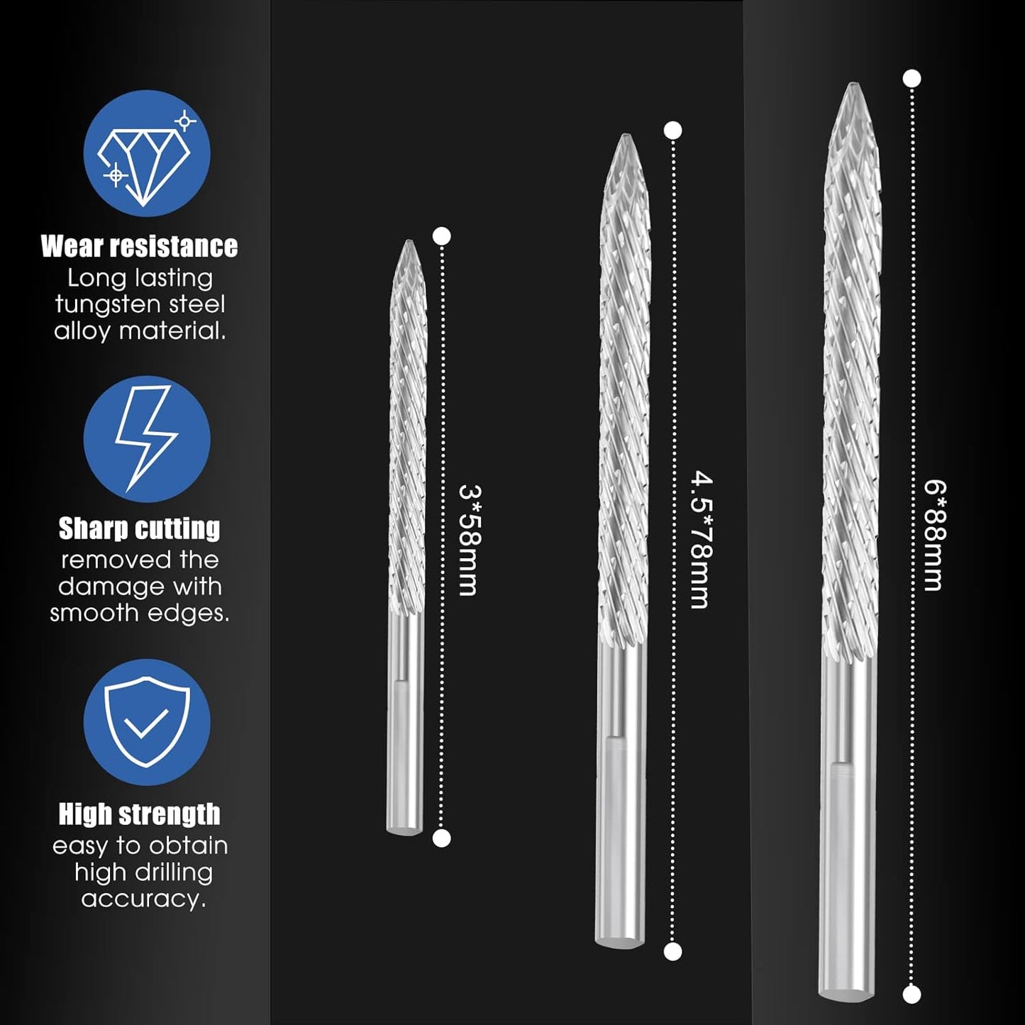 Tallew Tire Reamer Drill Bit Set - Multi-Sized Carbide Burrs for Efficient Tire Repairs | 3 Pack (3mm, 4.5mm, 6mm)
