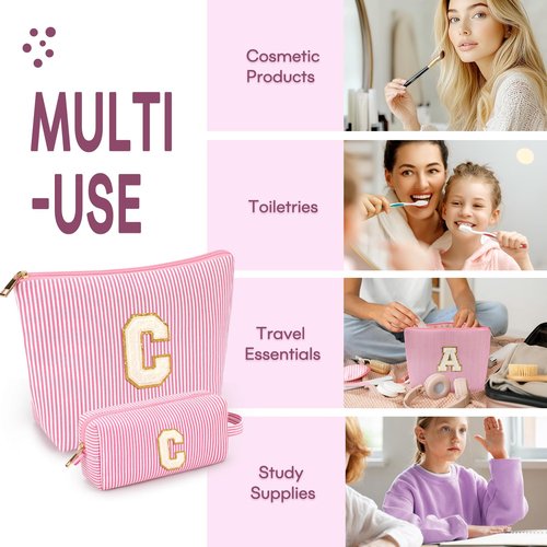 2 PCS Initial Makeup Bags for Women: Cosmetic Bag for Travel Toiletry - Birthday Gifts for 11 12 13 14 15 16 17 18 Years Old Girl Graduation Teacher Gift- Teen Girl Gifts Trendy Stuff - Pink C