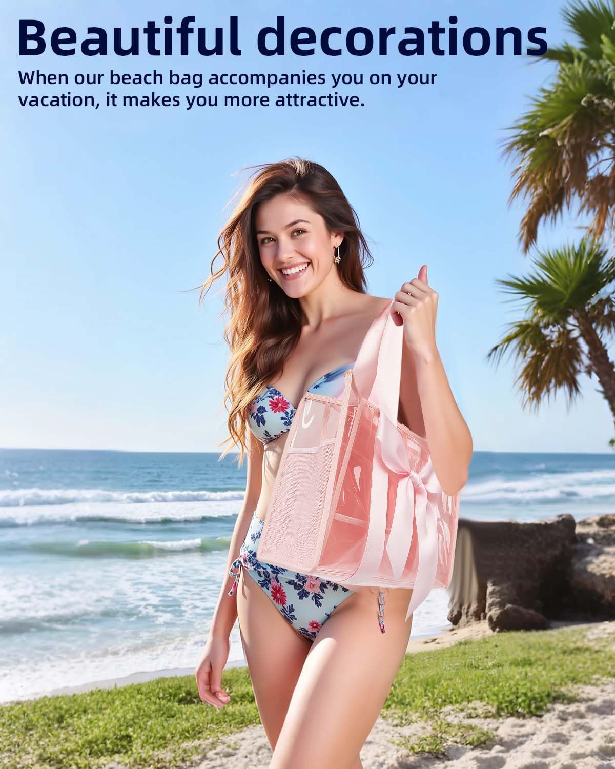 Skiennix Jelly Tote Bag - Large Pink Beach Bag with Bow | Waterproof & Stylish Design