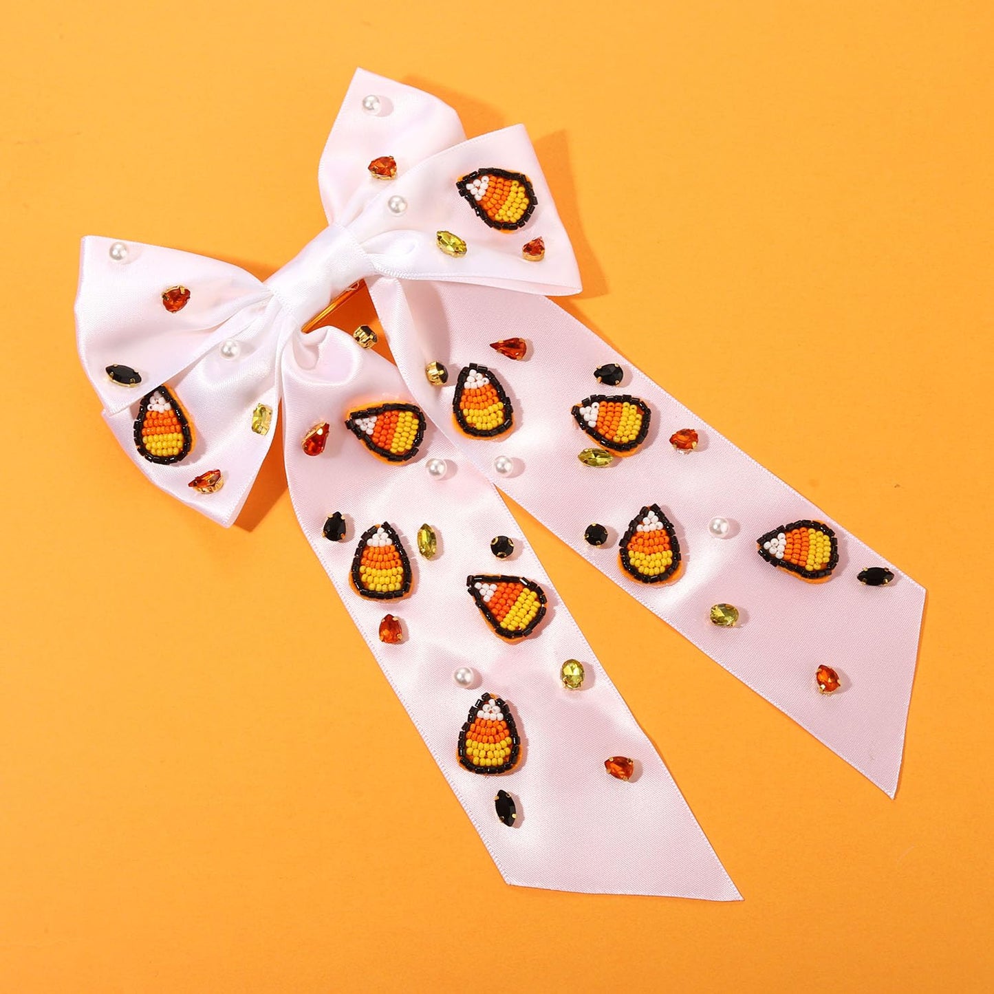 Halloween Bows for Women Cute Candy Corn Hair Bow Clips Crystal Embellished Big Hair Bows Long Tail Satin Hair Ribbons Barrettes Halloween Hair Clips Halloween Costume Accessories Outfits