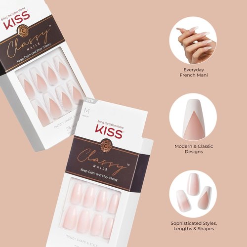 KISS Classy French Nail Manicure Kit - Long Coffin Shaped Fake Nails with Gel Finish | 28 Count 'Be-You-Tiful'