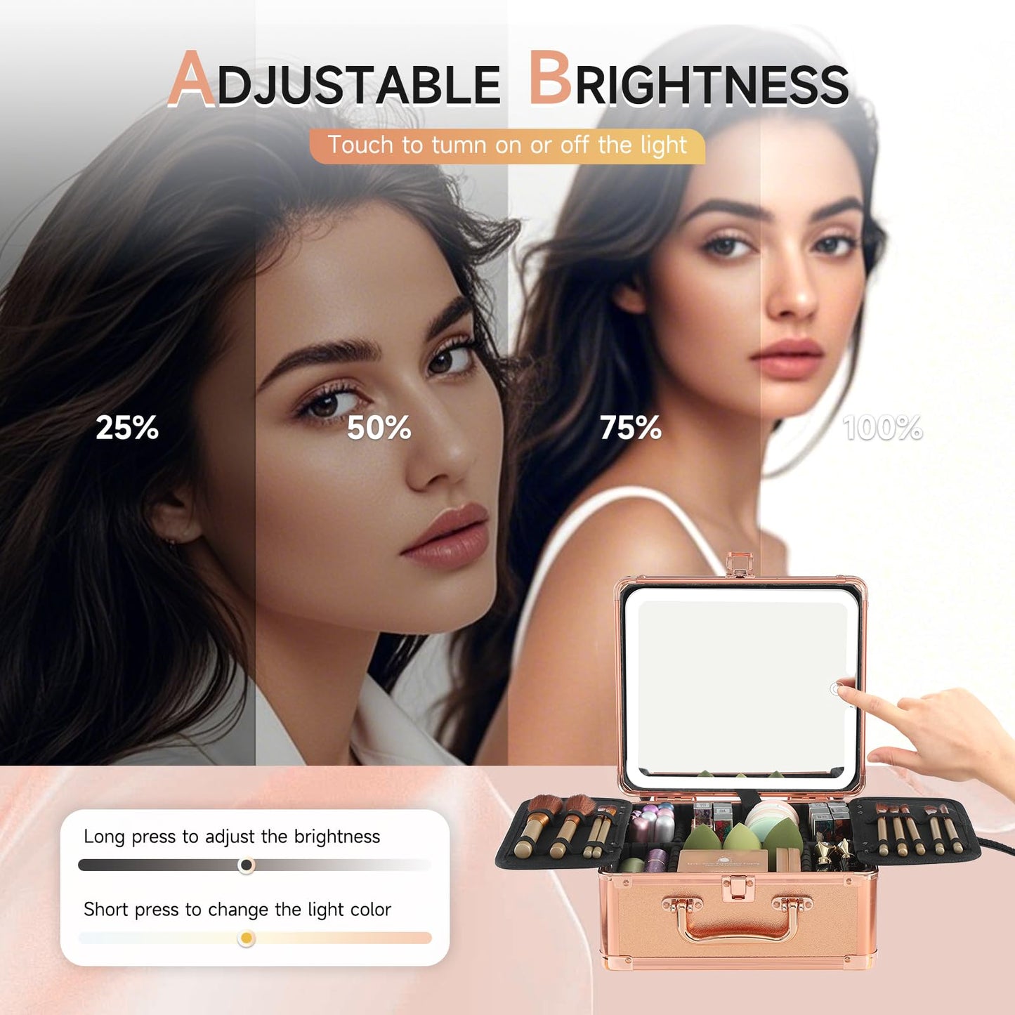 Leeora&Leekoo Makeup Box with LED Mirror & Aluminum Frame, Compact Multi-Layer Cosmetic Organizer - Portable ABS Travel Train Case for Makeup Storage(Gift for Girlfriend/Daughter) (Gold)