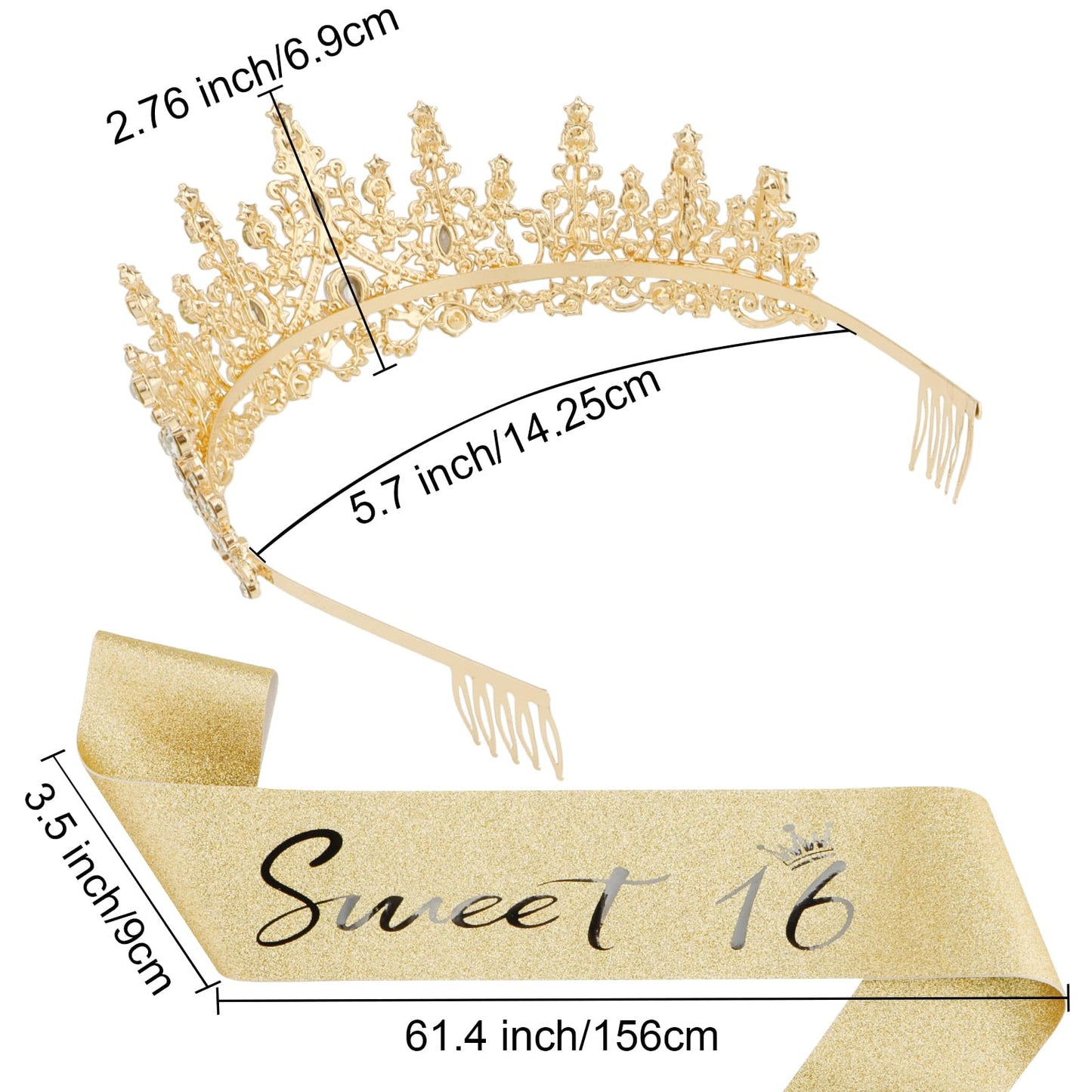 Canitor Sweet 16 Birthday Sashes and Tiaras for Girls 16th Crowns and Sash for Women 16th Birthday Party Decorations Birthday Gifts Party Supplies (gold)