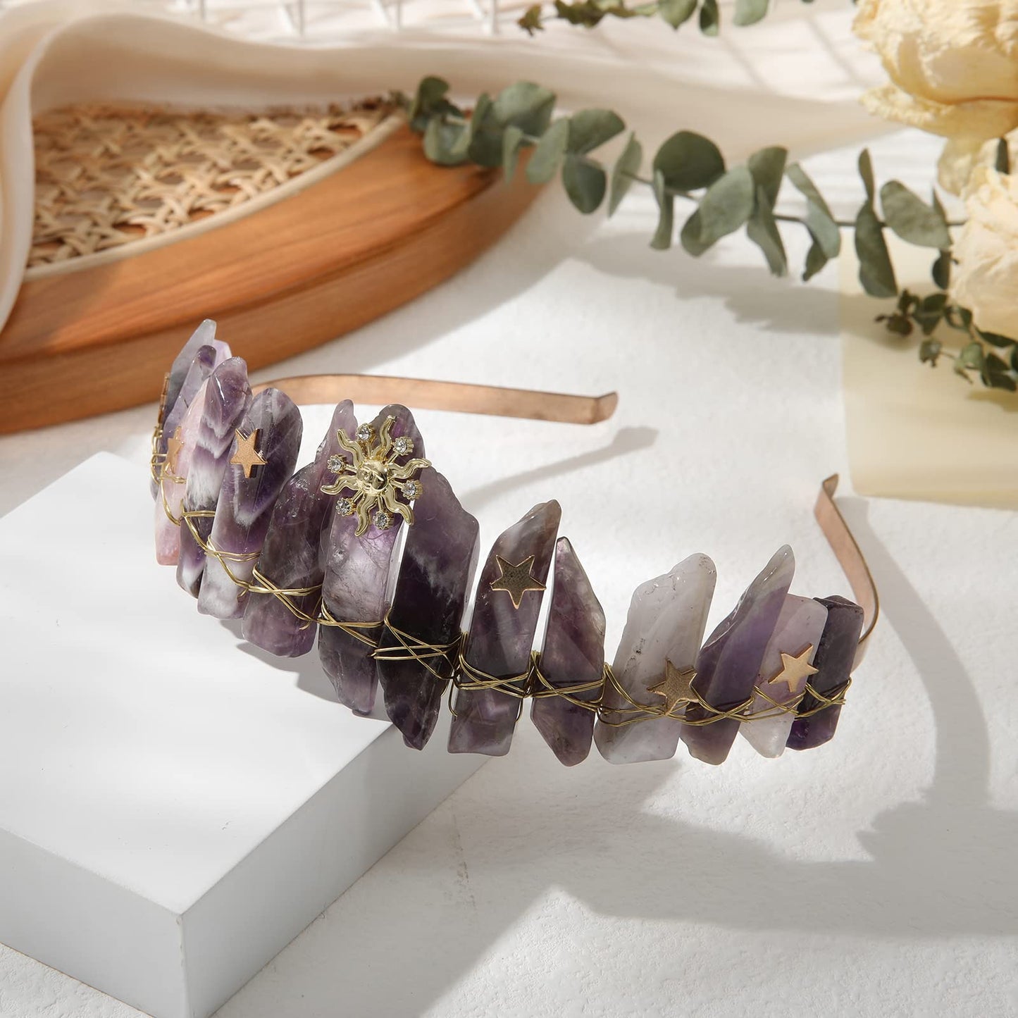 Raw Crystal Quartz Tiara Headband - Moon Stars Crystal Boho Tiara Hairband Sun Goddess Crown Wedding Bride Headpiece for Woman(star sun (purple))