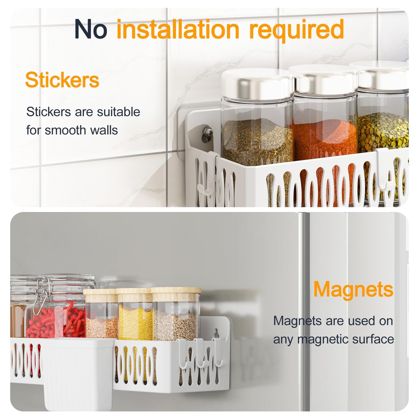 4 Pack Strong Magnetic Spice Rack for Refrigerator, Multipurpose Magnetic Shelf for Fridge with 4 Hooks for kitchen and Bathroom Organization, Black