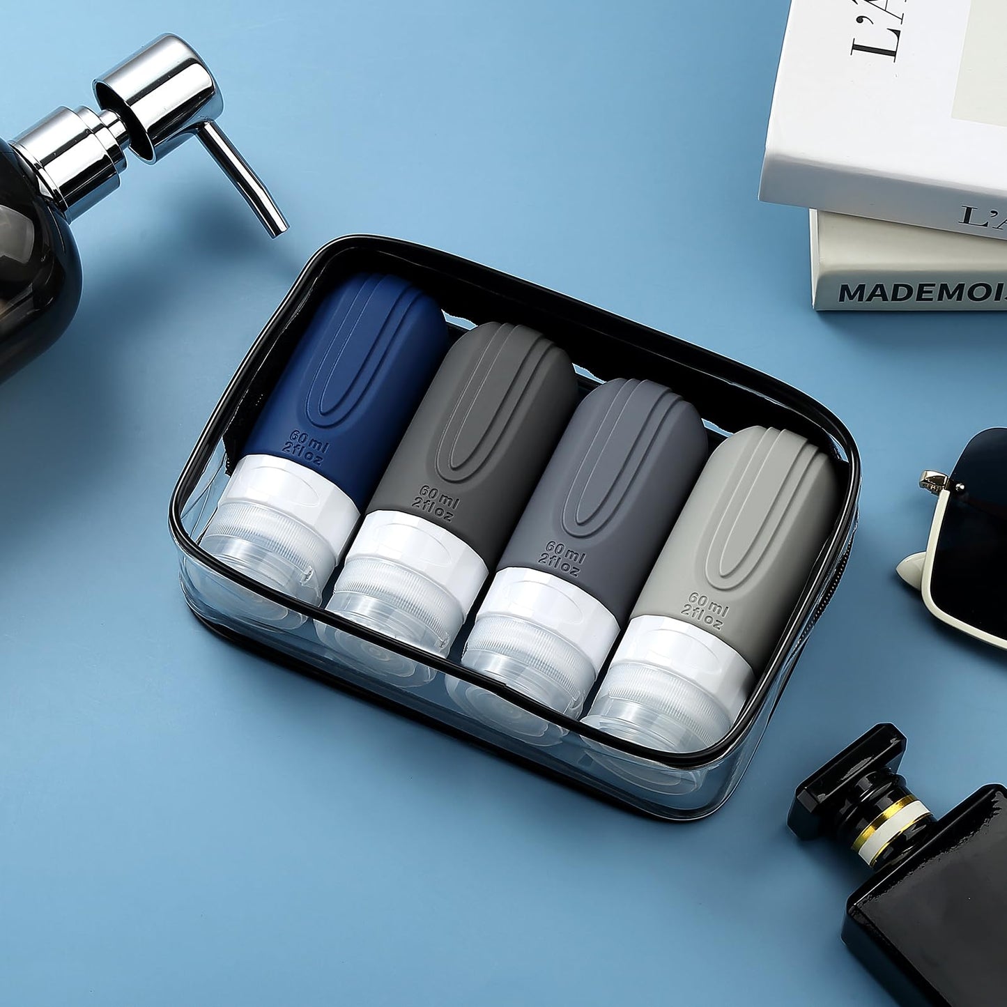 Mrsdry Travel Bottles for Toiletries, Tsa Approved 2oz Travel size Bottles, BPA Free Leak Proof Travel Toiletry Containers, Refillable Travel Accessories with Toiletry Bag for Shampoo Liquid (4 Pack)