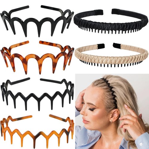 Miskate Zig Zag Headbands for Women 6 Pack Non-Slip Plastic Hairbands with Teeth Grip for Thick Hair, Tortoiseshell & Black Hair Accessories