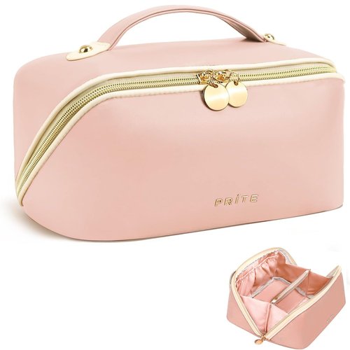 Prite Makeup Bag for Women Travel Waterproof Vegan Leather Cosmetic Bag Open Flat Toiletry Bag With Clear Divider and Handle (Pink)