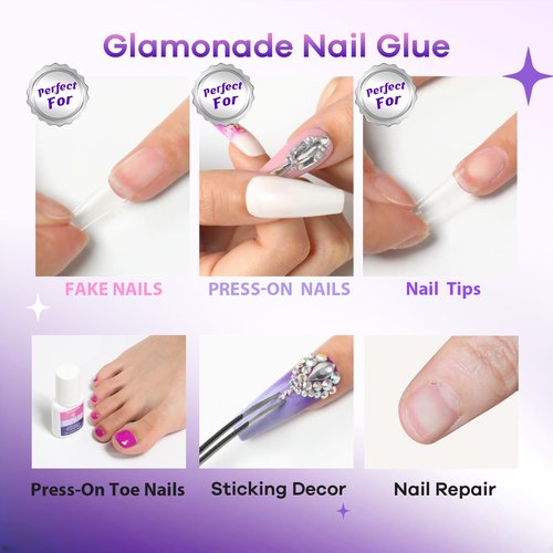 Glamonade Super Strong Nail Glue: 10ml - Professional Adhesive for Press Ons & Acrylic Nails & Fake Nail Tips Long-Lasting Mess-Free Quick-Dry for DIY Manicure
