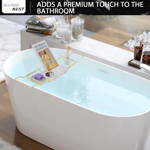 MARBBNEST Bathtub Tray Caddy for Luxury Bath Expandable Extra Wide Bath Tub Tray with Natural Marble Tray and Mobile/Tablet Stand, Ideal for Home Spa Lovers(Gold + Jazz White)