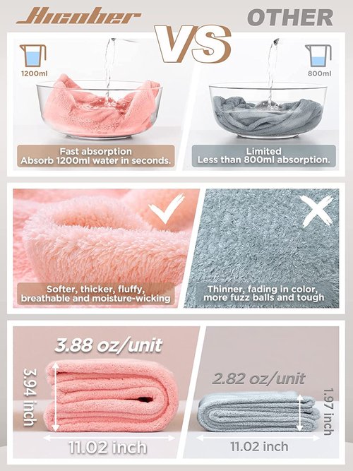 Hicober Microfiber Hair Towel Wrap - Fast Drying, Soft & Lightweight Turban for Curly Hair | 3 Pack (Blue/Grey/Pink)