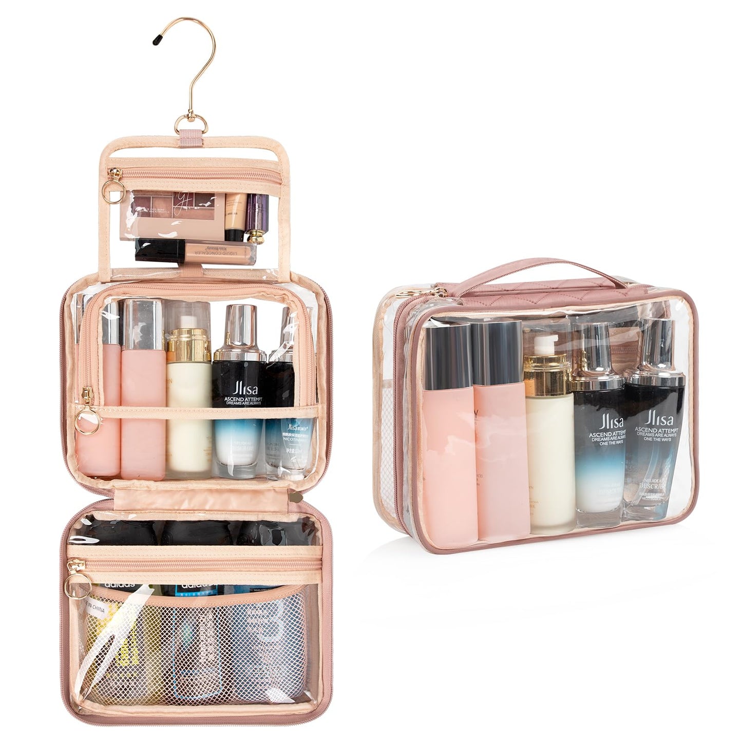 CUBETASTIC Clear Makeup Bag for Women, Transparent Cosmetic Organizer Case for Travelling, Hanging Toiletry Bag for Travel Essentials 3 Comparment Skincare Pouch with Potable Handle