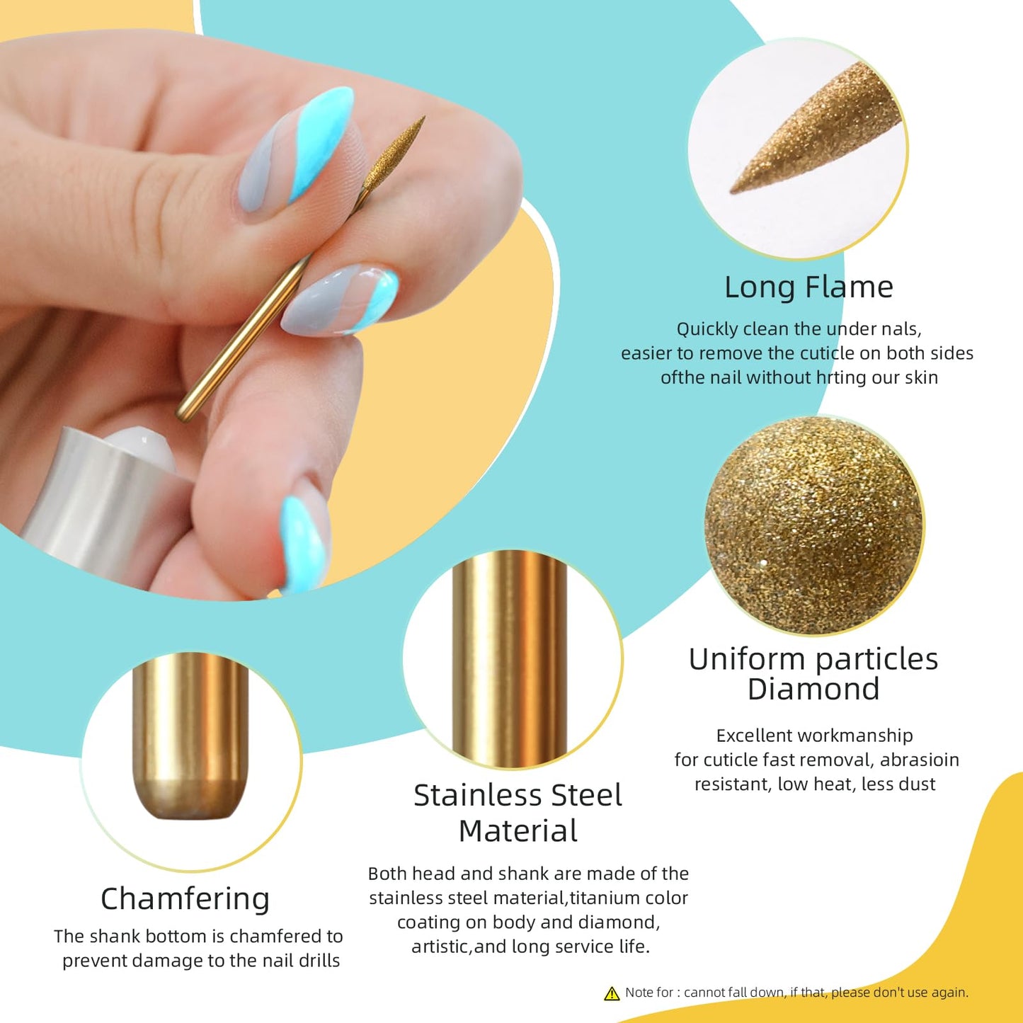 HYTOOS 2mm Long Flame Cuticle Clean Nail Drill Bits, 5Pcs/Set Titanium Russian Diamond Nail Bit Professional Safety Under Nail Cleaner Burr for Cuticle Dead Skin, Electric Drill Accessories, Fine