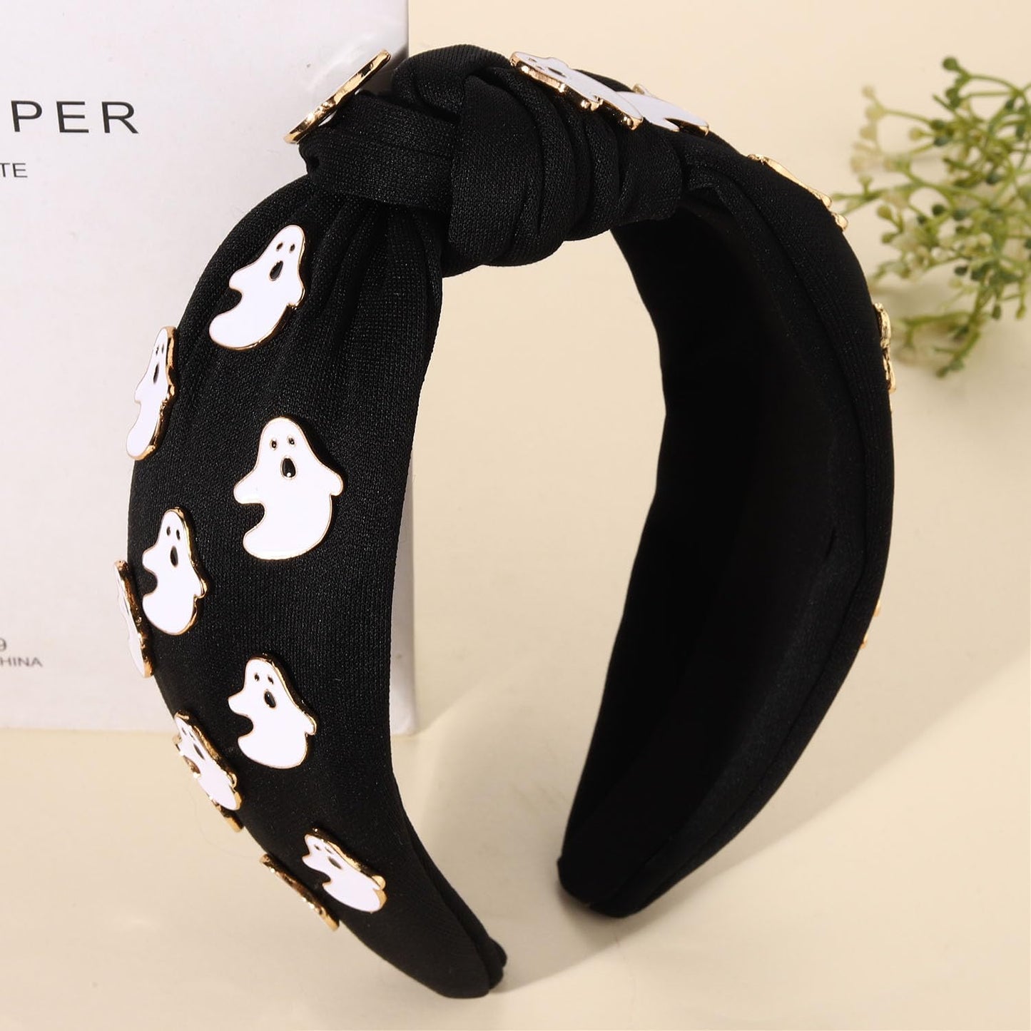 YAHPERN Halloween Headband for Women Spooky Pumpkin Ghost Headband Jeweled Rhinestone Knotted Headband Halloween Accessories