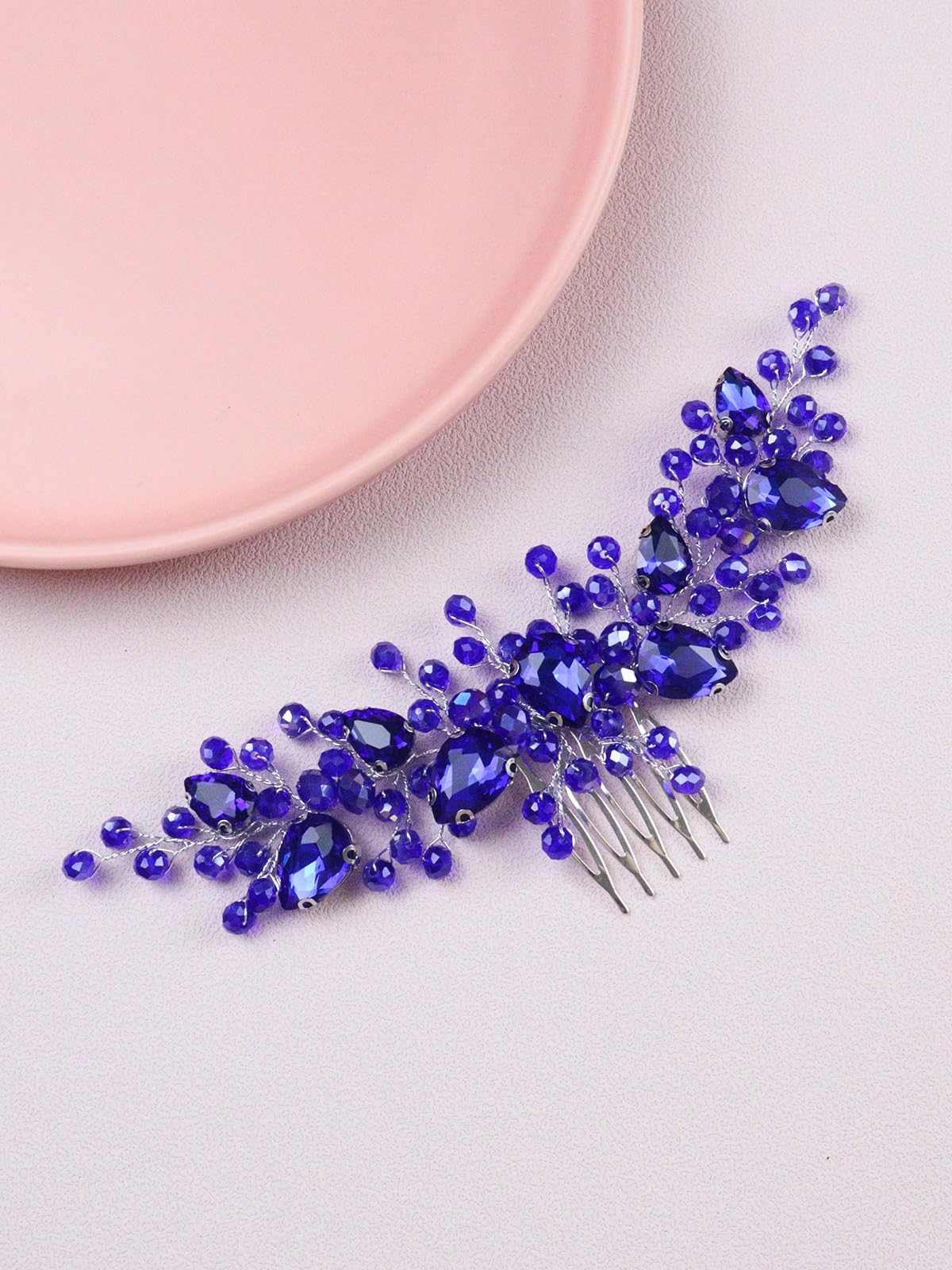 Brihasory Bride Wedding Hair Comb Rhinestone Bridal Hair Accessories Flower Hair Piece Party Prom Valentine Day Side Comb Crystal Hair Clips for Women and Girls Hair Decoration(Blue)