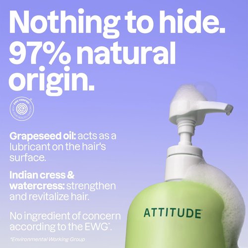 ATTITUDE Nourishing Hair Shampoo, EWG Verified, For Dry and Damaged Hair, Naturally Derived Ingredients, Vegan and Plant Based, Grapeseed Oil and Olive Leaves, 32 Fl Oz