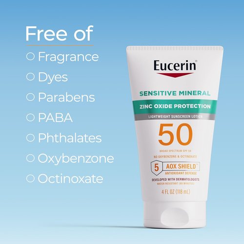 Eucerin Sun Sensitive Mineral Sunscreen Lotion SPF 50 - Hypoallergenic Zinc Oxide Protection | 4 Fl Oz Tube