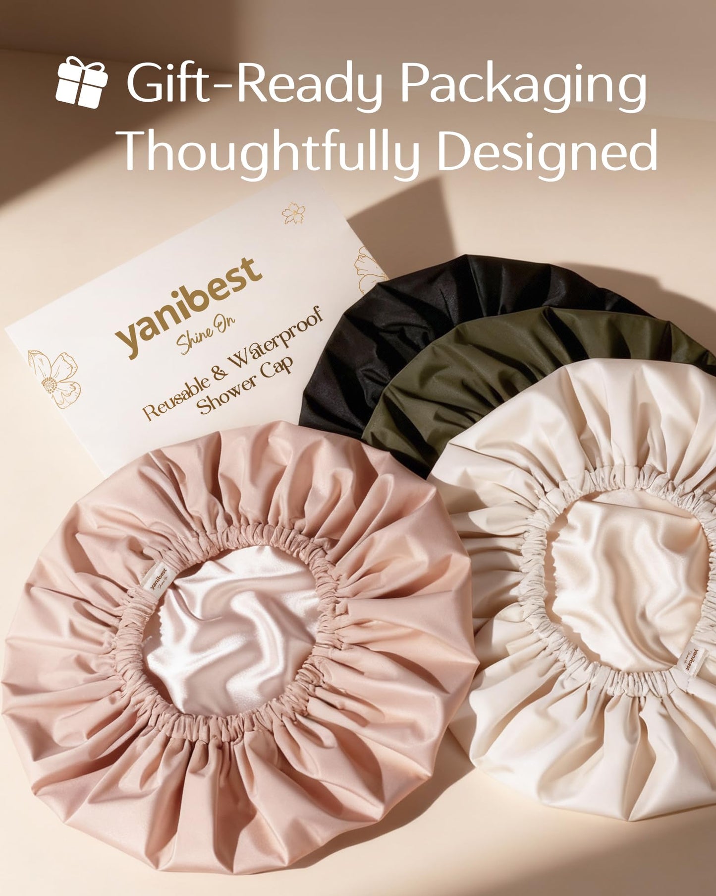 Yanibest Satin Lined Shower Cap for Women Reusable Waterproof, Large Bath Cap with Soft Elastic Band, Luxury Hair Protection Caps (Beige)