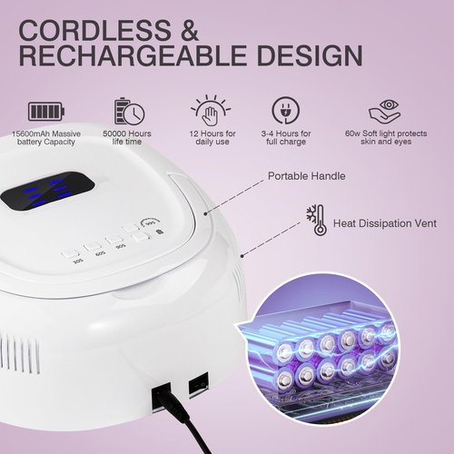 NailFace Cordless UV LED Nail Lamp, 60W Rechargeable Nail Dryer Nail Polish Curing Light for Manicure with Auto Sensor & 4 Timer Modes Salon & Home