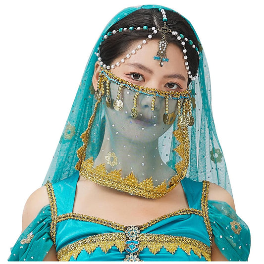 Women Belly Dance Tribal Face Veil with Sequins Beads Coins Halloween Costume Accessory(Square)