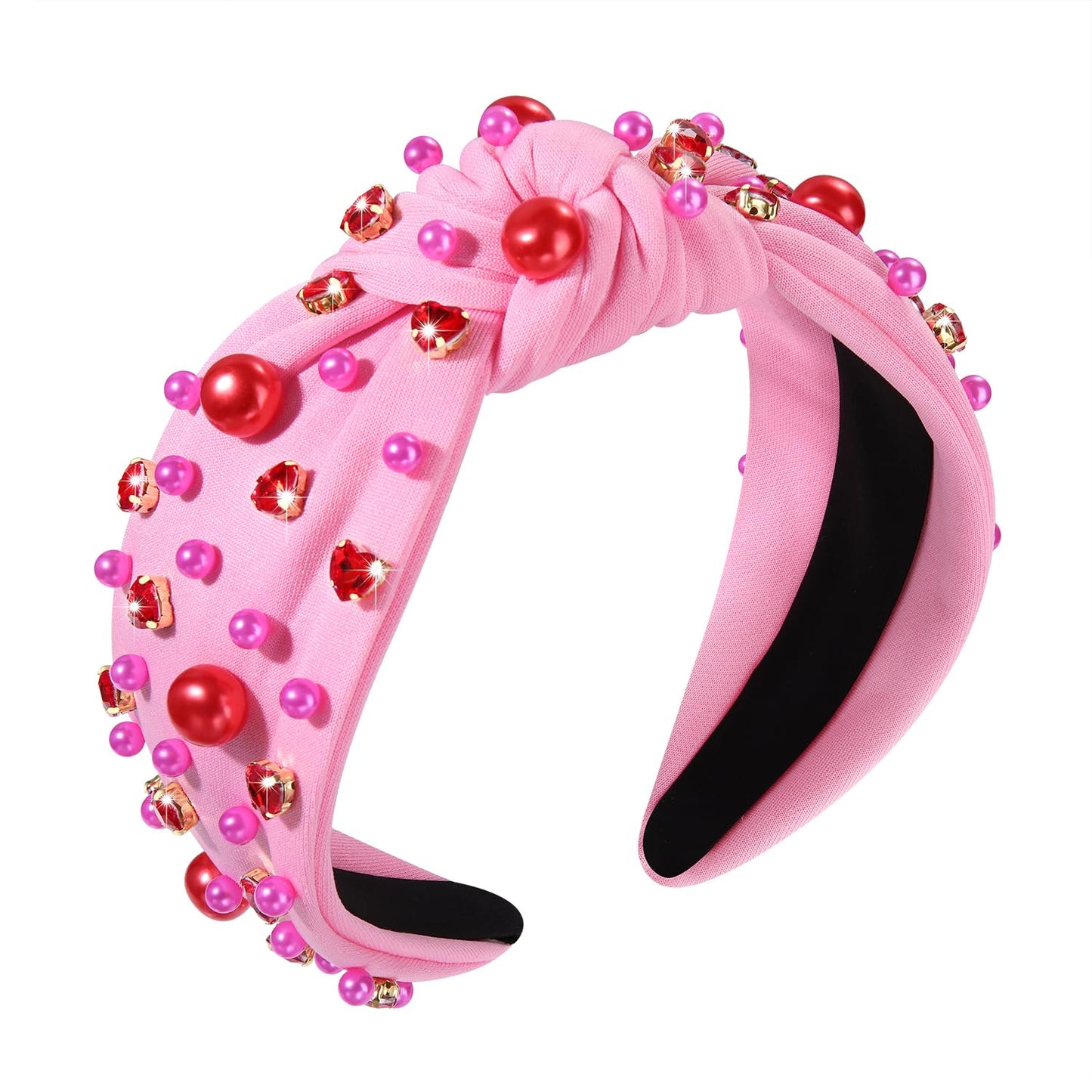 GLBCC Valentines Day Headband Red Heart Rhinestone Knotted Headband Hot Pink Pearl Wide Top Knot Hairband for Women Valentine Holiday Fashion Head Band Hair Accessories (pink knot hairband A)