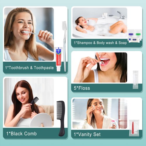 5 Sets Personal Hygiene Kit Bulk, Disposable Toothbrushes with Toothpaste Floss Comb Soap Cover Shampoo Body Wash and Vanity Kit, Toiletry Kits Homeless Supplies Bulk for Women,Men,Travel,Homeless