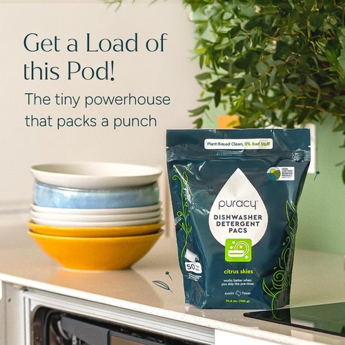 Puracy Dishwasher Pods - Natural Enzyme-Powered Detergent for Spotless Dishes | Citrus Skies, 50 Count