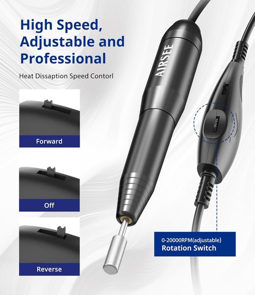 AIRSEE Portable Electric Nail Drill Machine - EFile for Acrylic Gel Nails & Manicure | Black
