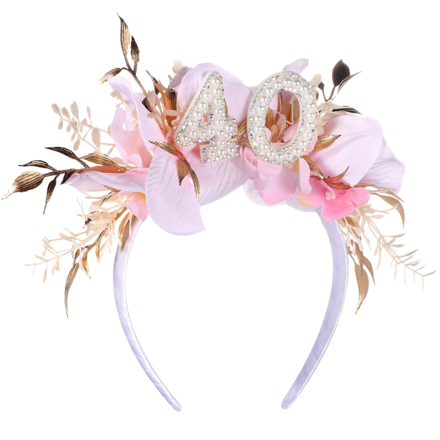 PartyforU Handmade Floral Crown - Pink Headband with Flowers and Pearls, Elegant 40th Birthday Accessory for Women