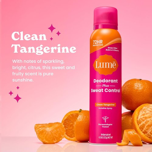 Lume Deodorant Plus Sweat Control - Extra Strength Invisible Spray Antiperspirant - 72 Hour Odor Protection | 2 Pack (Clean Tangerine)