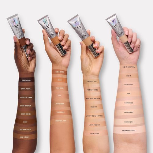 IT Cosmetics CC+ Cream - Full Coverage Foundation with SPF 50+ | Natural Finish, Neutral Tan (1.08 fl oz) & Concealer Brush #7 for Flawless Blending