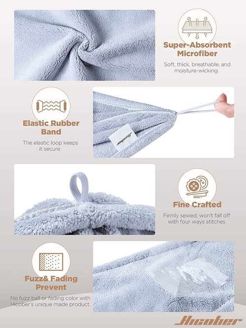 Hicober Microfiber Hair Towel Wrap - Fast Drying, Soft & Lightweight Turban for Curly Hair | 3 Pack (Blue/Grey/Pink)
