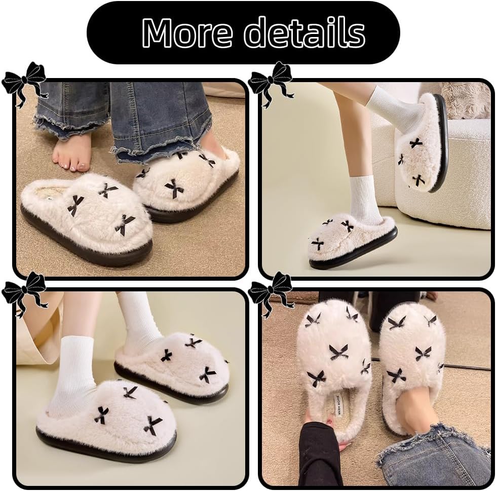 Skiennix Bow Slippers - Cozy Fuzzy Memory Foam House Shoes for Men & Women | Plush Indoor/Outdoor Winter Footwear
