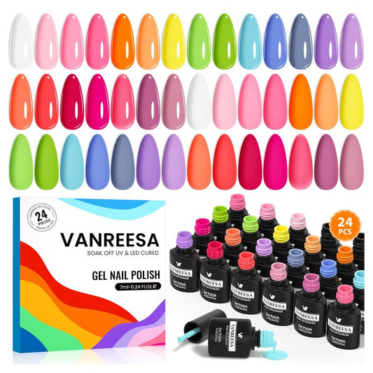 VANREESA 24 Pcs Gel Nail Polish Set, 21 Colors Gel Polish with Base Coat Glossy & Matte Top Coat Pink Orange Yellow Green Blue Purple Gray Nail Polish Set Nail Kit Gifts for Women