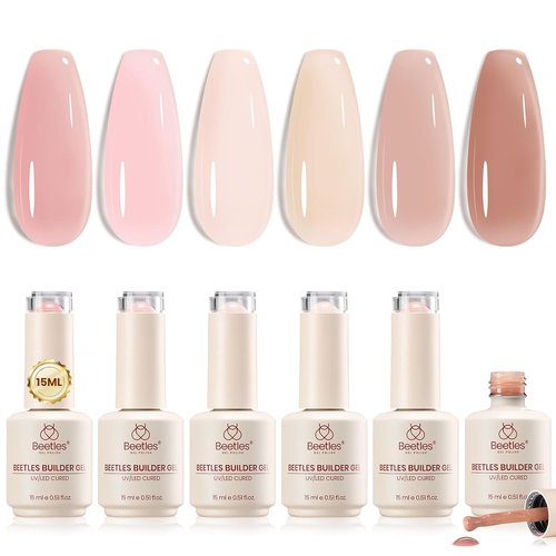 Beetles Rubber Base Gel Set - 6 Colors 15ml | 5-in-1 Builder Base Coat for Strong, Flexible Nails