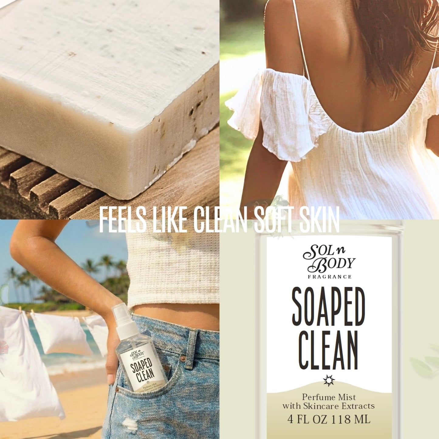 Solnbody SOAPED CLEAN Body & Hair Cologne Mist - Fresh Soap, Cool Water & Clean Cotton Scent with Skincare Extracts