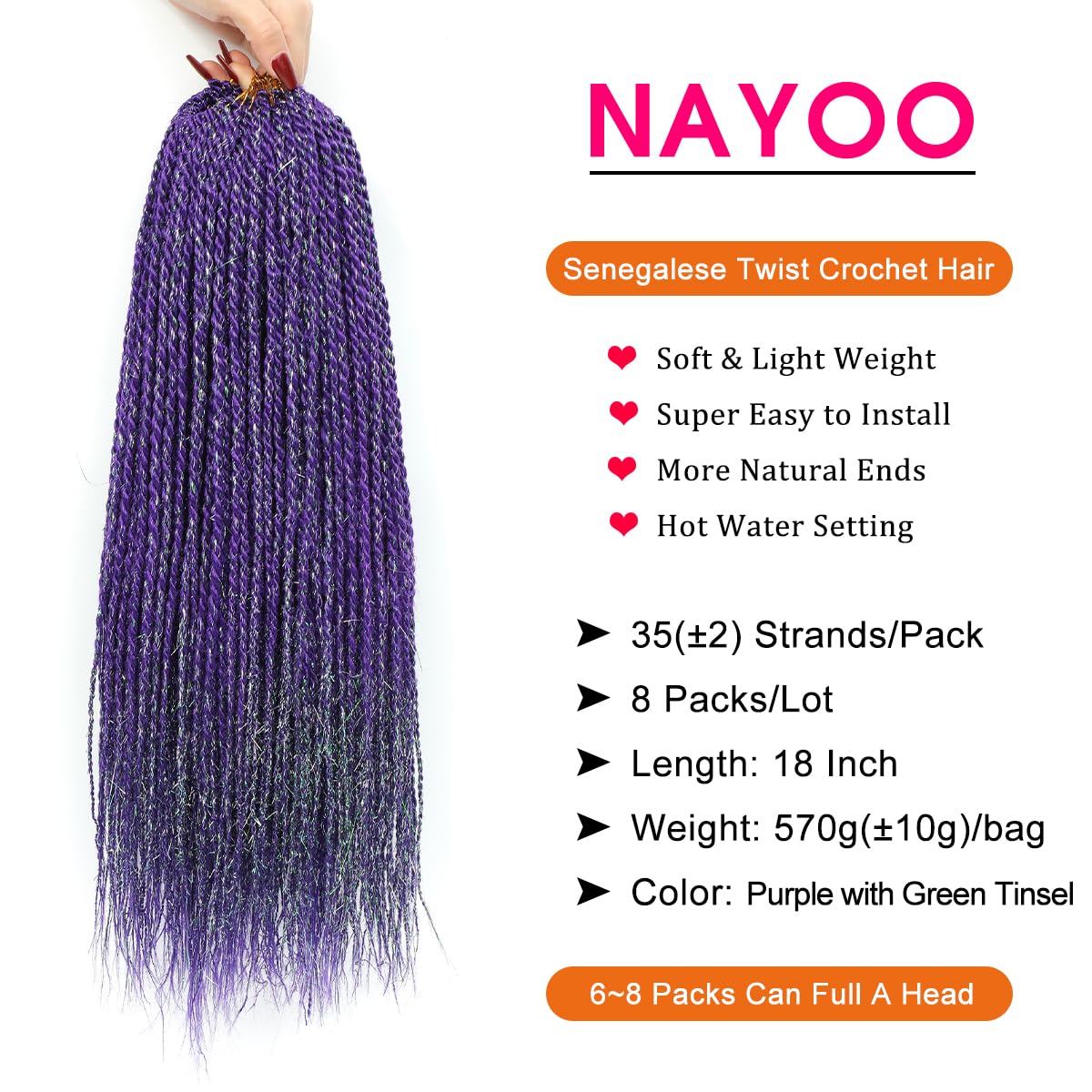 NAYOO Senegalese Twist Crochet Hair for Black Women, 8 Packs 18 Inch Purple Crochet Hair with Green Tinsel for Chrismas Party, 35 Strands/Pack Small Twist Crochet Braids Hair Hot Water Setting