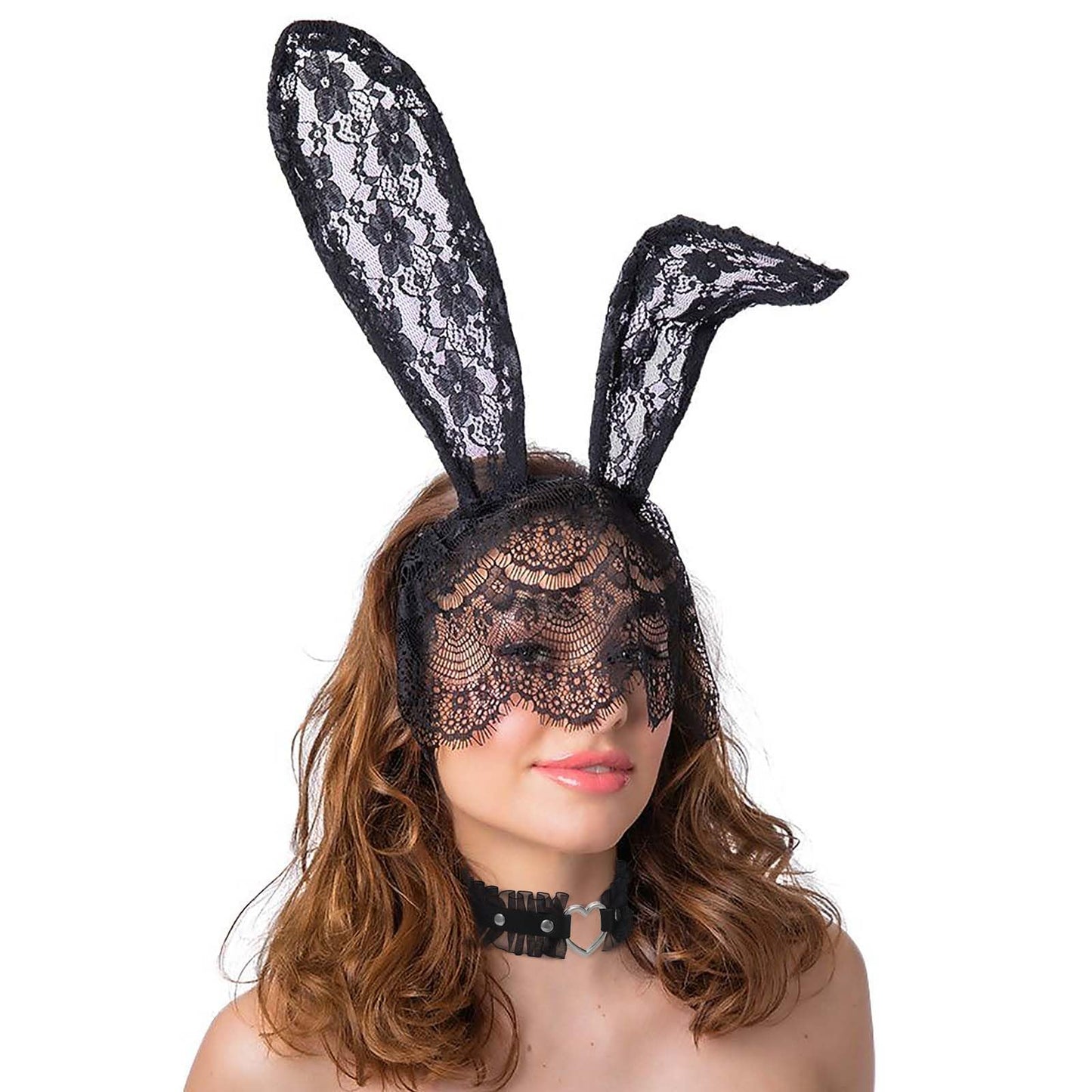 Acenail Sexy Lace Black Bunny Ears Headbands Rabbit Ears Hairbands with Veil Heart Leather Choker Necklace Costume Accessories Bunny Party Props Masquerade Cosplay Headwear for Halloween (With Choker)