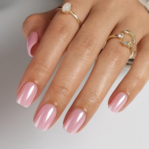 Pink Chrome Press on Nails Square - SHANGMENG Soft Gel Press on Nails Short for Women Gift, Glossy Stick on Nails with Glue in 16 Sizes - 32 Reusable Fake Nails, Aurora Light Pink
