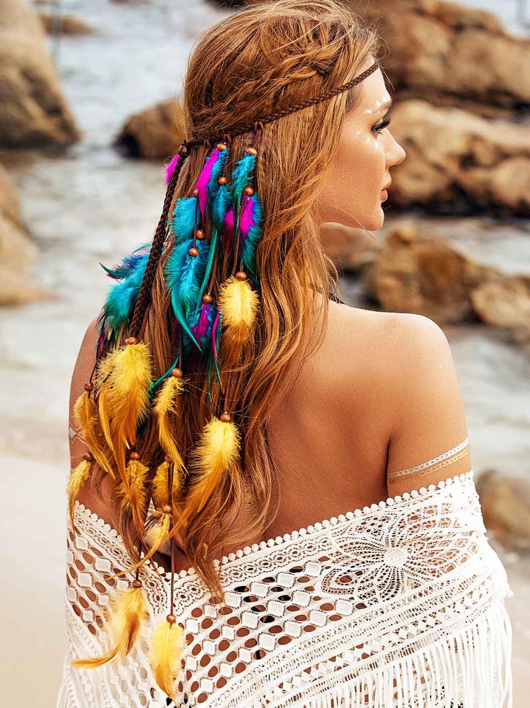 GENBREE Boho Feather Headband Gypsy Headpiece Bohemian Hippie Headbands Indian Hair Band Long Feather Hair Accessories for Women (Pattern 3)