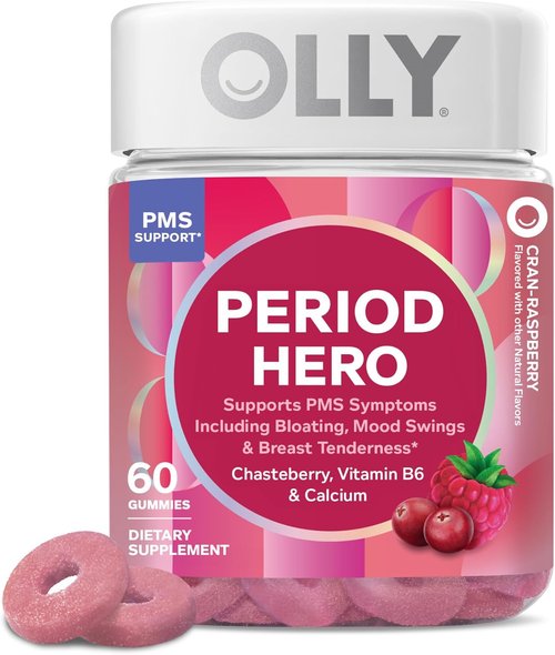 OLLY Period Hero Gummies - PMS Support Supplement with Chasteberry & Vitamin B6 | Cran-Raspberry Flavor, 60 Count