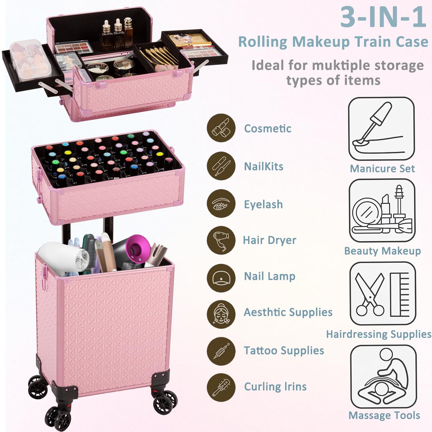 JINGUAN 3 in 1 Rolling Makeup Train Case, Multi-functional Cosmetic Trolley with 360° Swivel Wheels Keys, Large Storage Traveling Cart Trunk for Nail Technicians Hairstylist, Pink