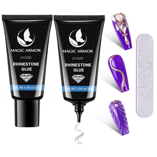 MAGIC ARMOR 2PCS Nail Rhinestone Glue Gel for Nails 60ML Gel Nail Glue for Rhinestones Gems Super Strong Bling Gel Press On Nails Fake Nails Gems Diamonds Jewelry Gel Decoration 3D Nail Art Cured Need