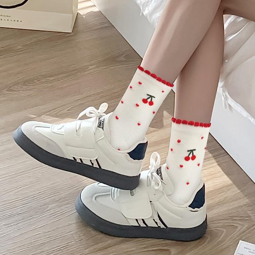 Knagsfa 2 Pairs Women's Cute Crew Socks, Casual Athletic Cotton Cherry Calf Novelty Socks for Women
